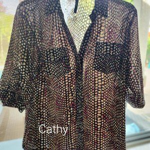 Pink and tan button up blouse with 3/4 length sleeve